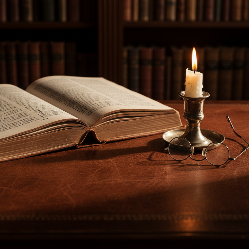 고풍스러운 가죽 책상 위에 펼쳐진 두꺼운 철학 책과 그 옆에 놓인 빈티지 안경, 은은한 촛불이 만드는 따뜻한 조명과 깊은 그림자.