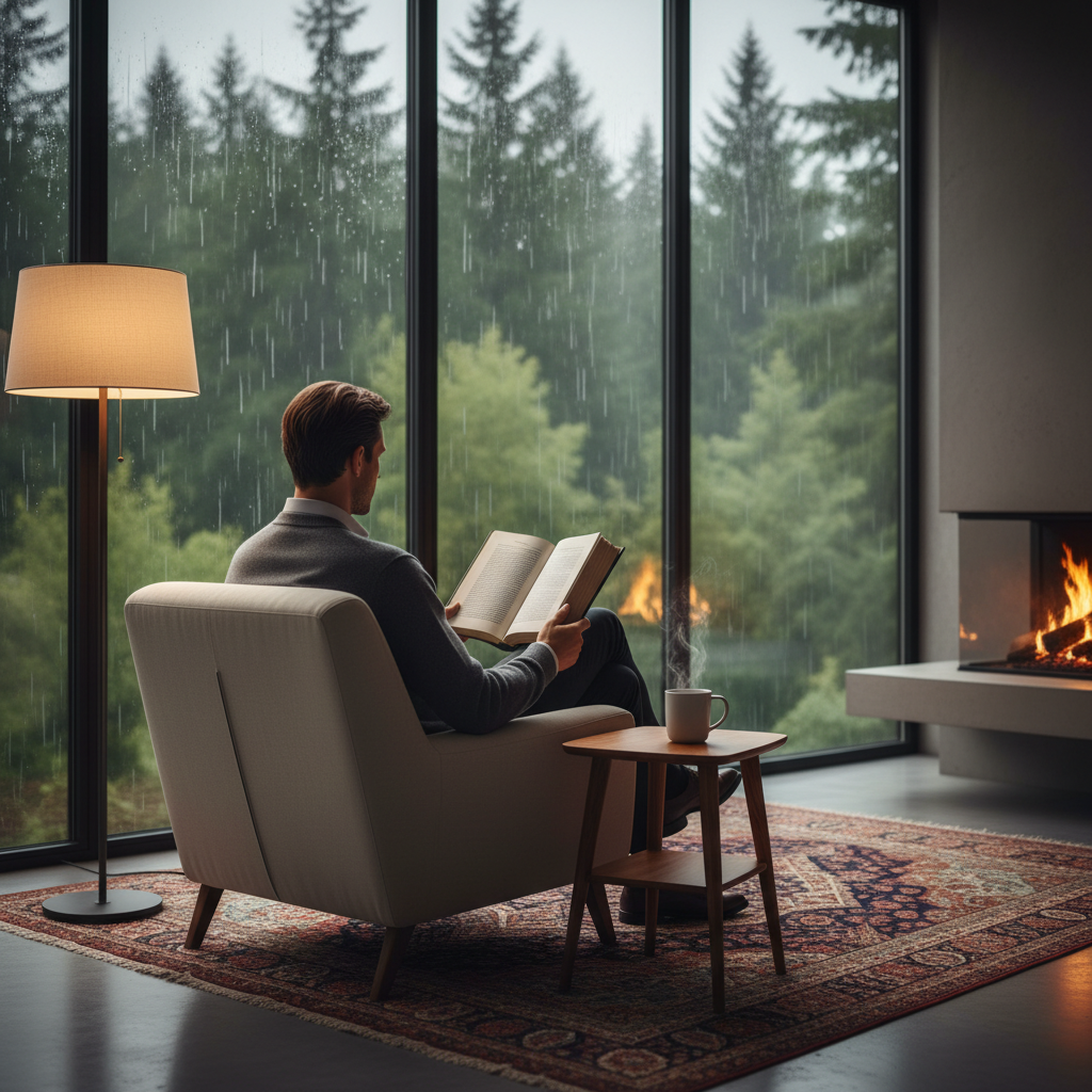 비 내리는 오후, 숲이 보이는 커다란 창가에 앉아 철학 책을 읽고 있는 사람의 뒷모습과 아늑한 조명 아래 정적인 분위기.