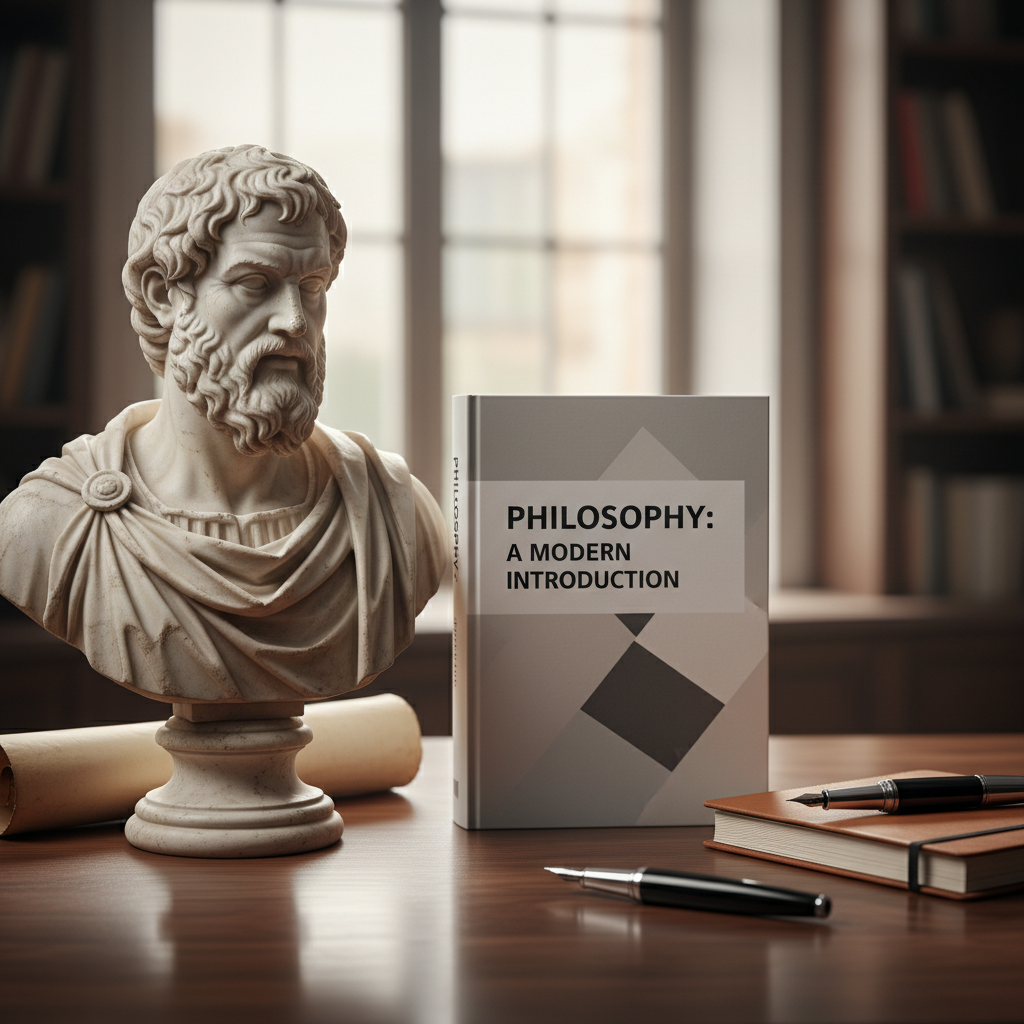 대리석으로 조각된 고대 철학자의 흉상 옆에 현대적인 철학 입문서와 만년필이 놓여 있는 신구 조화의 지적인 책상 위 모습.